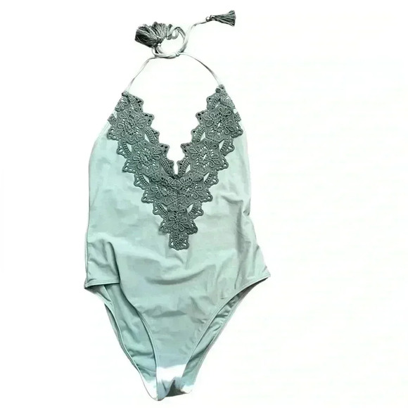 Teal One Piece Bathing Suit crochet Mid Piece, Size Small, Great Condition - Picture 1 of 7